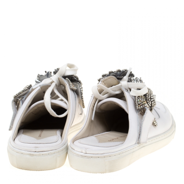 Pre Owned Sophia Webster White Leather Lilico Jessie Crystal Sneakers Size 40.5