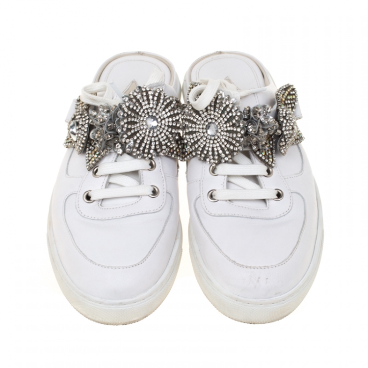 Pre Owned Sophia Webster White Leather Lilico Jessie Crystal Sneakers Size 40.5