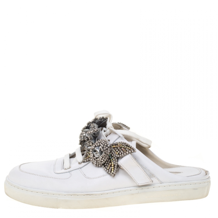 Pre Owned Sophia Webster White Leather Lilico Jessie Crystal Sneakers Size 40.5