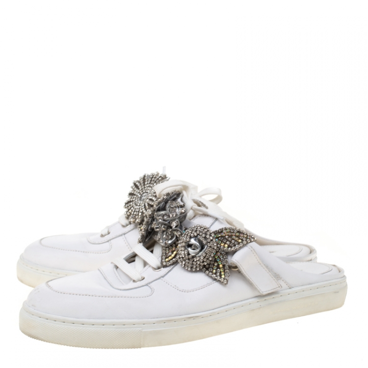 Pre Owned Sophia Webster White Leather Lilico Jessie Crystal Sneakers Size 40.5