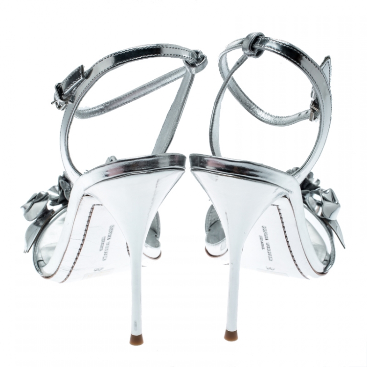 Pre Owned Sophia Webster Metallic Silver Leather Lilico Floral Embellished Ankle Wrap Sandals Size 41