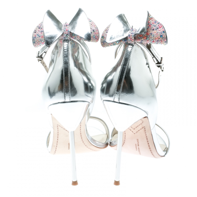 مملوكة مسبقًا Sophia Webster Metallic Silver Leather Maya Crystal Embellished Bow Ankle Strap Sandals Size 39