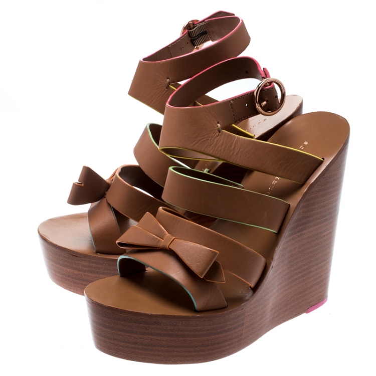 Pre Owned Sophia Webster Brown Leather Samara Strappy Wedge Platform Sandals Size 36