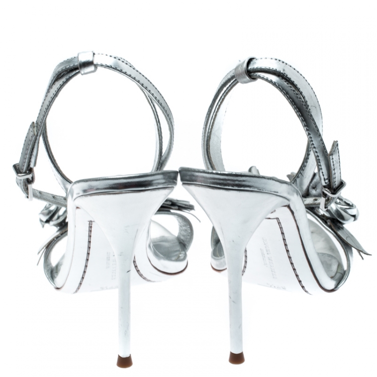 Pre Owned Sophia Webster Metallic Silver Leather Lilico Floral Embellished Ankle Wrap Sandals Size 37.5