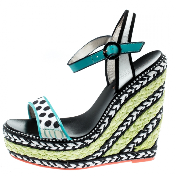 Pre Owned Sophia Webster Multicolor Polka Dot Canvas And Leather Lucita Espadrille Wedges Sandals Size 36.5