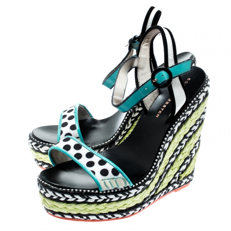 Pre Owned Sophia Webster Multicolor Polka Dot Canvas And Leather Lucita Espadrille Wedges Sandals Size 36.5