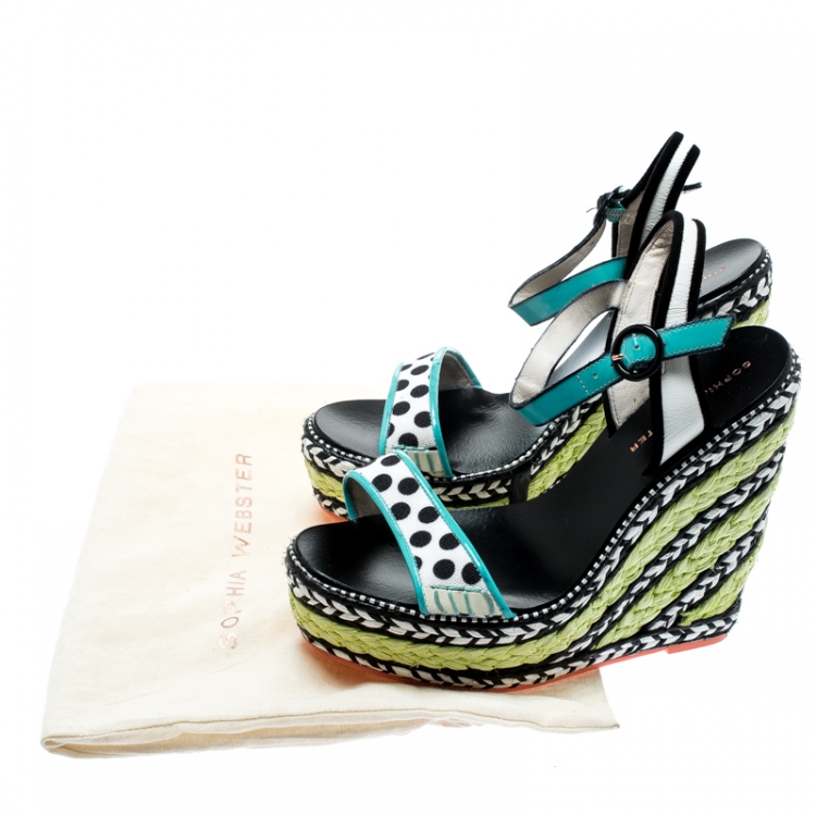 Pre Owned Sophia Webster Multicolor Polka Dot Canvas And Leather Lucita Espadrille Wedges Sandals Size 36.5