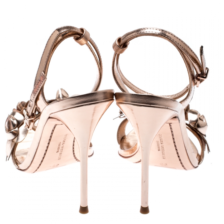 Pre Owned Sophia Webster Metallic Rose Gold Leather Lilico Floral Embellished Ankle Wrap Sandals Size 35.5