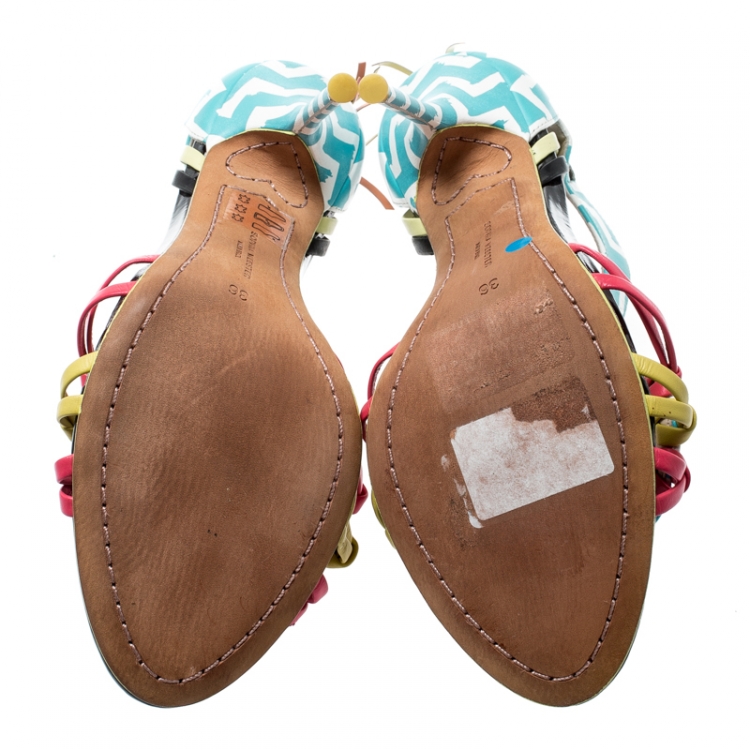 Pre Owned Sophia Webster Multicolor Zig Zag Print Leather Liberty Fringe Detail Sandals Size 36
