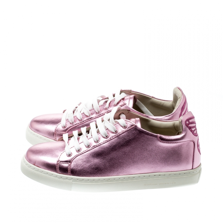 Pre Owned Sophia Webster Pink Metallic Leather Bibi Butterfly Low Top Sneakers Size 38.5