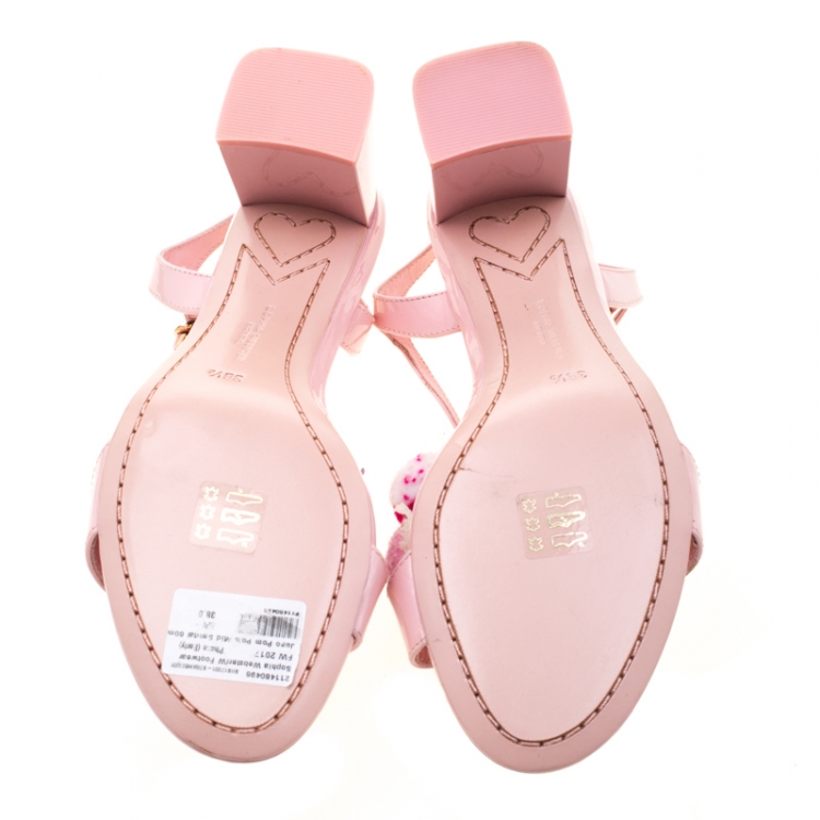 Pre Owned Sophia Webster Pink Patent Leather Juno Pom Pom Embellished T-Strap Sandals Size 38.5