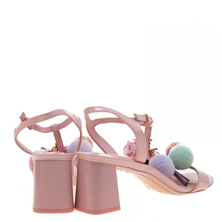 Pre Owned Sophia Webster Pink Patent Leather Juno Pom Pom Embellished T-Strap Sandals Size 38.5