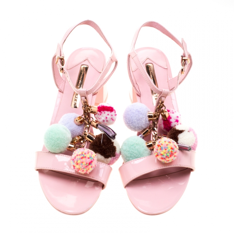 Pre Owned Sophia Webster Pink Patent Leather Juno Pom Pom Embellished T-Strap Sandals Size 38.5