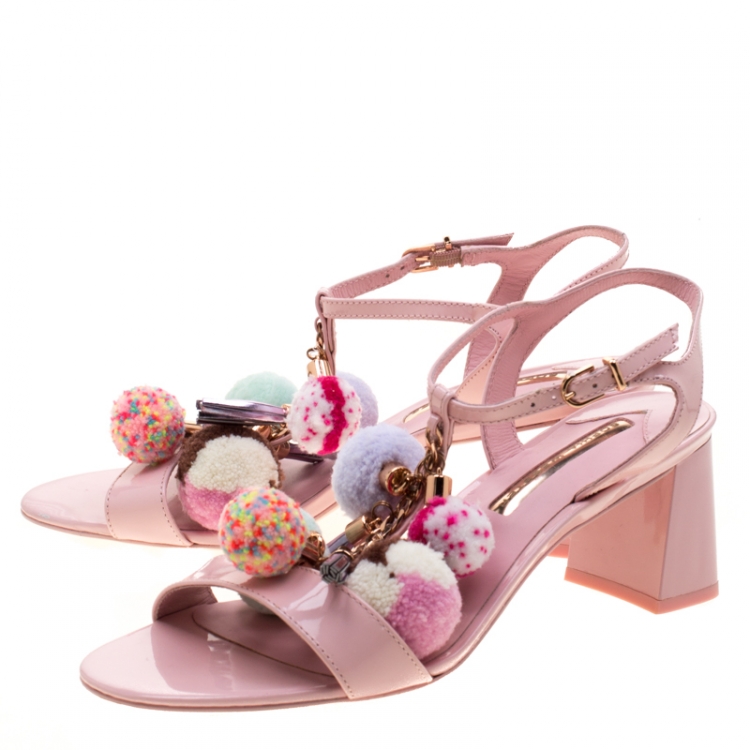 Pre Owned Sophia Webster Pink Patent Leather Juno Pom Pom Embellished T-Strap Sandals Size 38.5