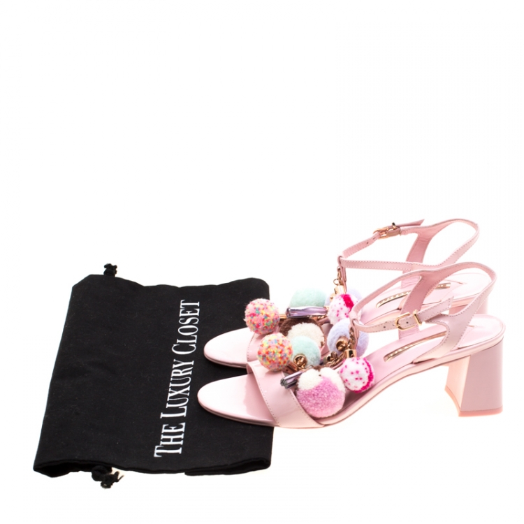 Pre Owned Sophia Webster Pink Patent Leather Juno Pom Pom Embellished T-Strap Sandals Size 38.5