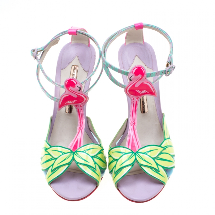 Pre Owned Sophia Webster Multicolor Patent Leather Flamingo Peep Toe T Strap Sandals Size 38