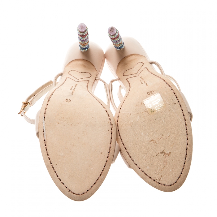 مملوكة مسبقًا Sophia Webster Beige Leather Rosalind Crystal Heel Ankle Strap Open Toe Sandals Size 40