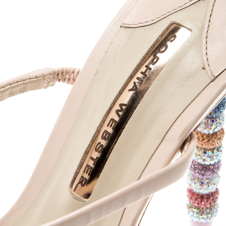 مملوكة مسبقًا Sophia Webster Beige Leather Rosalind Crystal Heel Ankle Strap Open Toe Sandals Size 40