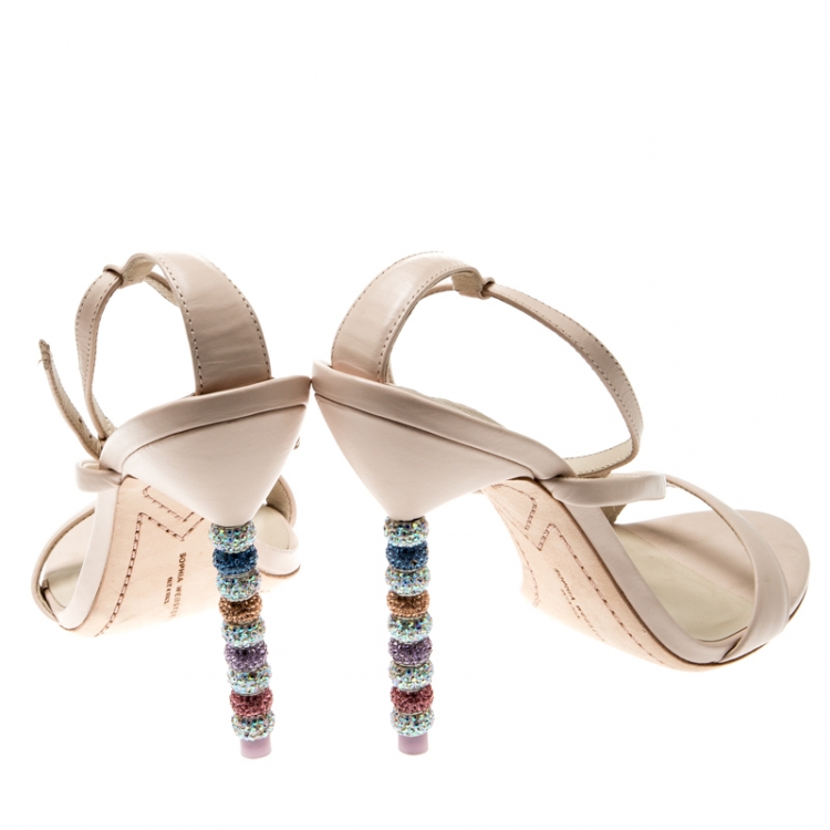 مملوكة مسبقًا Sophia Webster Beige Leather Rosalind Crystal Heel Ankle Strap Open Toe Sandals Size 40