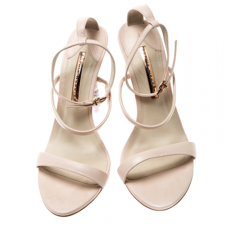 مملوكة مسبقًا Sophia Webster Beige Leather Rosalind Crystal Heel Ankle Strap Open Toe Sandals Size 40