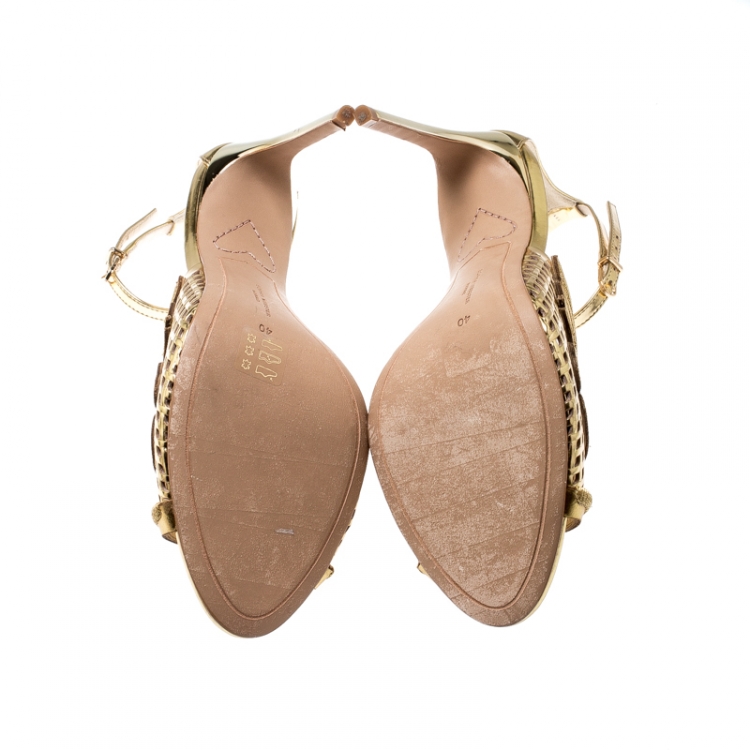 مملوكة مسبقًا Sophia Webster Metallic Gold Mirror Leather Rivera Ankle Strap Sandals Size 40