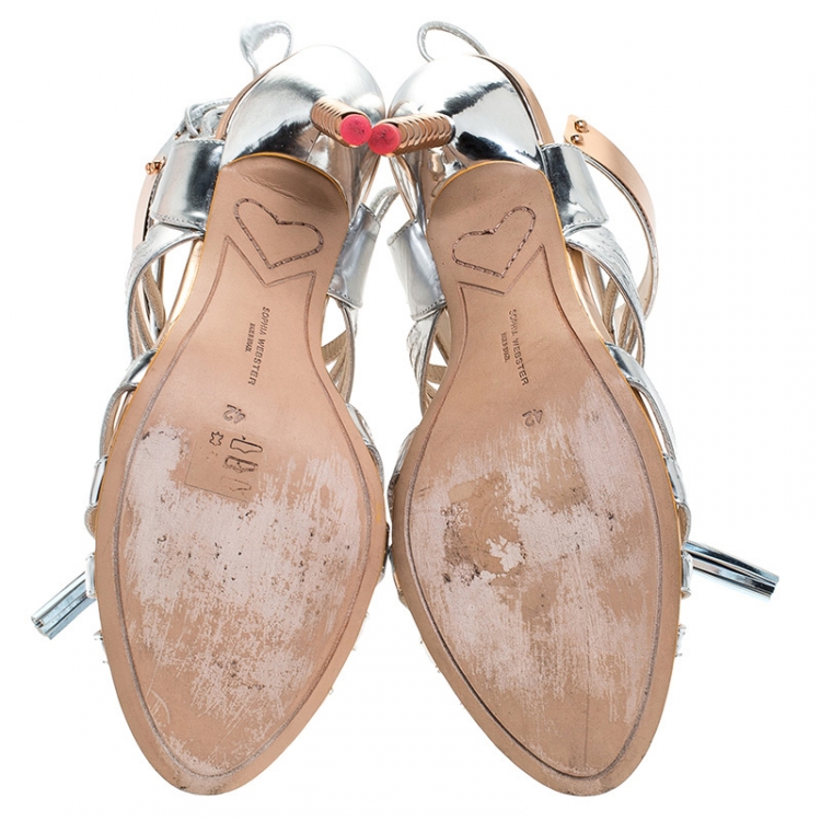 Pre Owned Sophia Webster Metallic Silver Mirrored Leather Yasmina Pom Pom Embellished Sandals Size 42