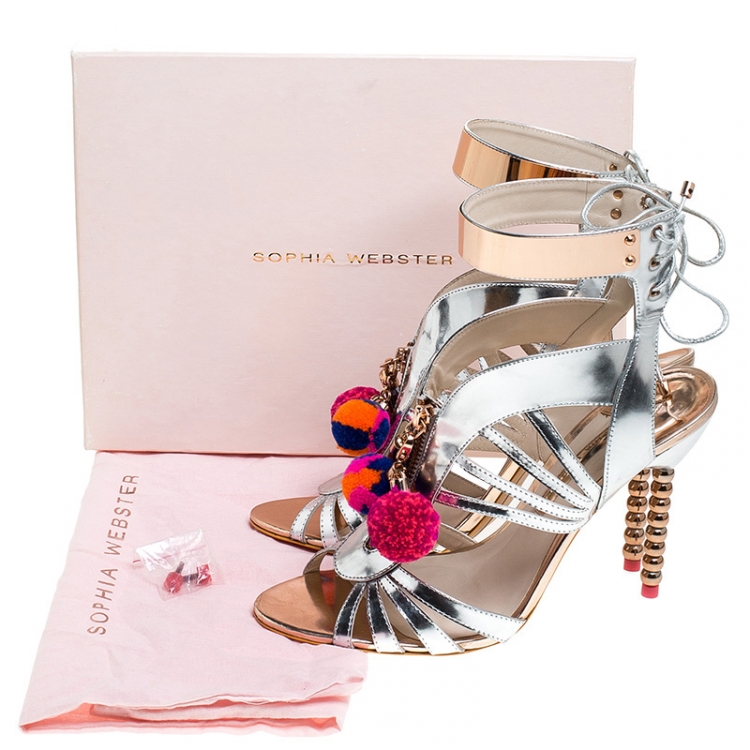 Pre Owned Sophia Webster Metallic Silver Mirrored Leather Yasmina Pom Pom Embellished Sandals Size 42