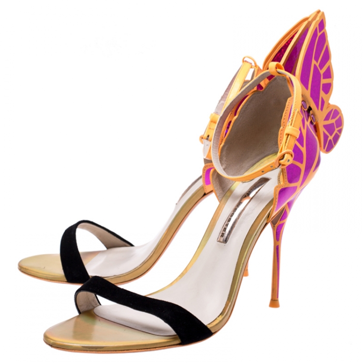 Pre Owned Sophia Webster Black Suede and Fuchsia Leather Chiara Butterfly Open Toe Sandals Size 41.5