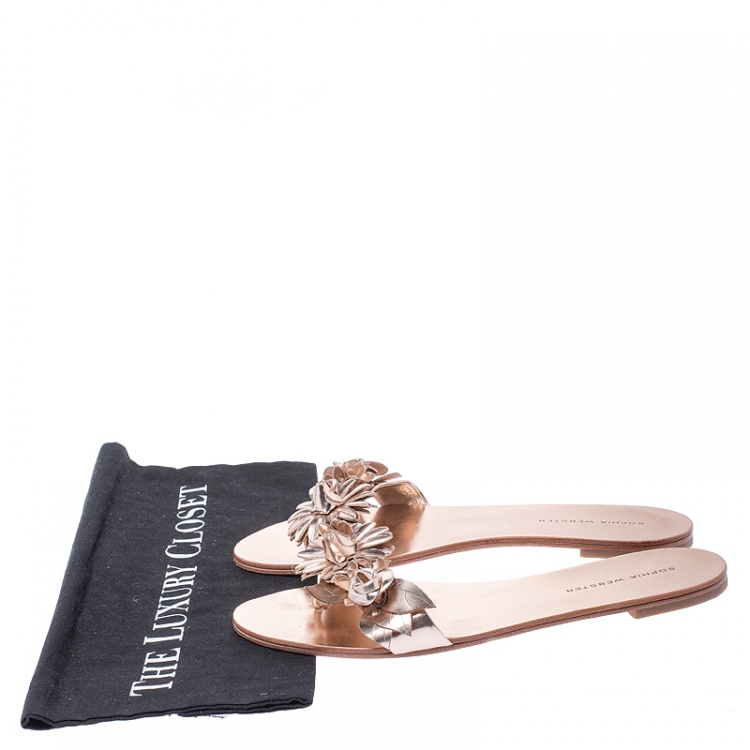 مملوكة مسبقًا Sophia Webster Metallic Rose Gold Leather Lilico Floral Embellished Flat Slides Size 39