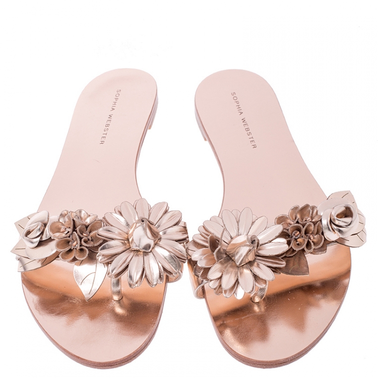 مملوكة مسبقًا Sophia Webster Metallic Rose Gold Leather Lilico Floral Embellished Flat Slides Size 39