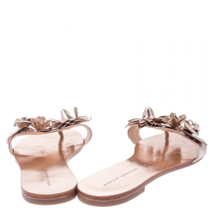 مملوكة مسبقًا Sophia Webster Metallic Rose Gold Leather Lilico Floral Embellished Flat Slides Size 39
