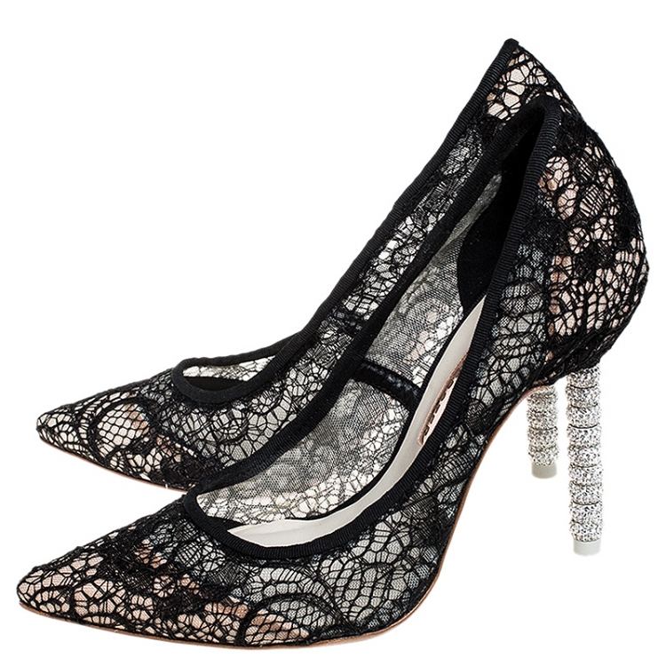 Pre Owned Sophia Webster Black Lace Coco Crystal Pointed Toe Pumps Size 36