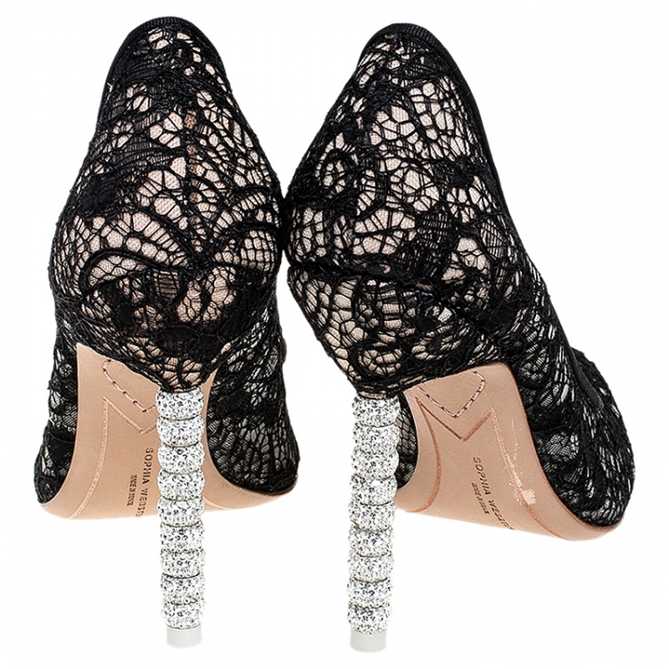 Pre Owned Sophia Webster Black Lace Coco Crystal Pointed Toe Pumps Size 36