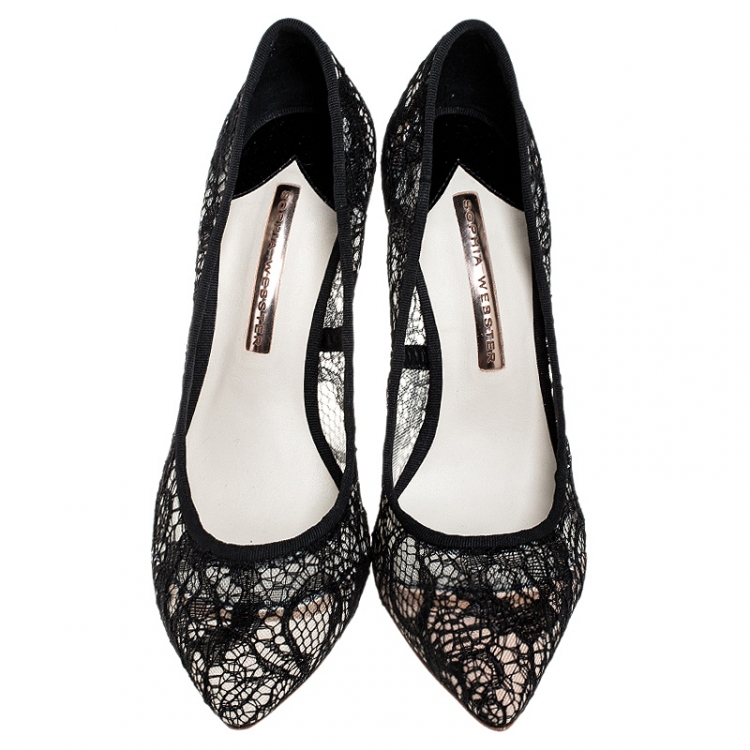 Pre Owned Sophia Webster Black Lace Coco Crystal Pointed Toe Pumps Size 36