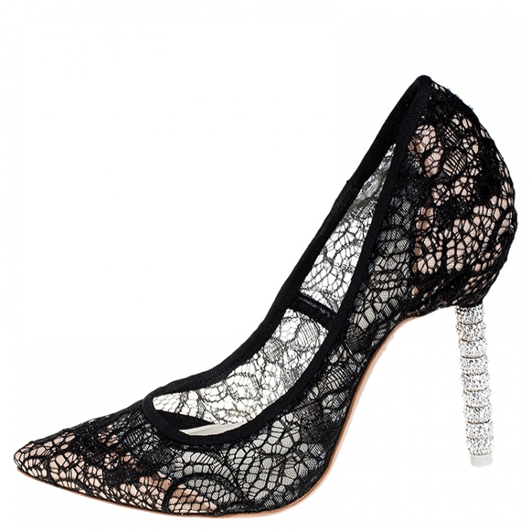 Pre Owned Sophia Webster Black Lace Coco Crystal Pointed Toe Pumps Size 36