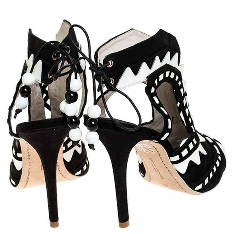 Pre Owned  Sophia Webster Black/White Suede and Leather Riko Cut Out Sandals Size 41 
