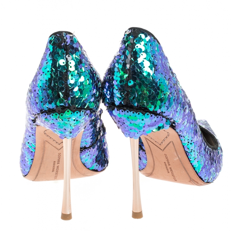 Pre Owned Sophia Webster Blue Sequin Fabric Coco Pumps Size 36