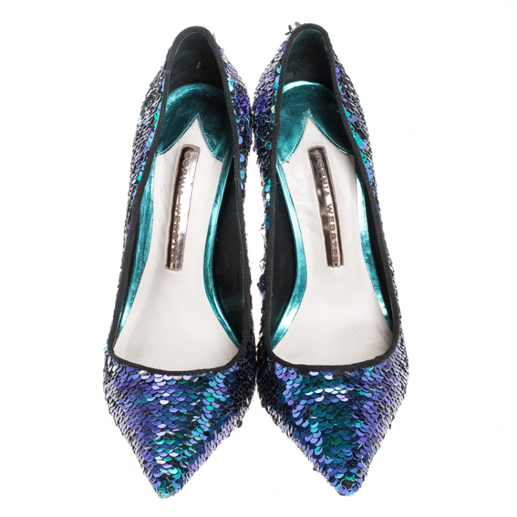 Pre Owned Sophia Webster Blue Sequin Fabric Coco Pumps Size 36
