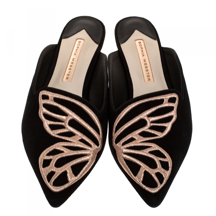 Pre Owned Sophia Webster Black Suede Bibi Butterfly Flat Mules Size 37.5