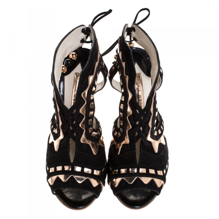 Pre Owned Sophia Webster Black Suede and Metallic Rose Gold Leather Riko Cut Out Sandals Size 38.5