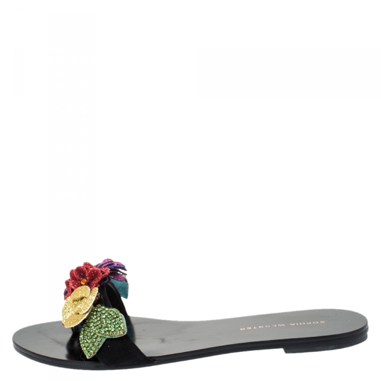 Pre Owned Sophia Webster Black Suede Glitter And Crystal Floral Embellished Lilico Flat Slides Size 38.5