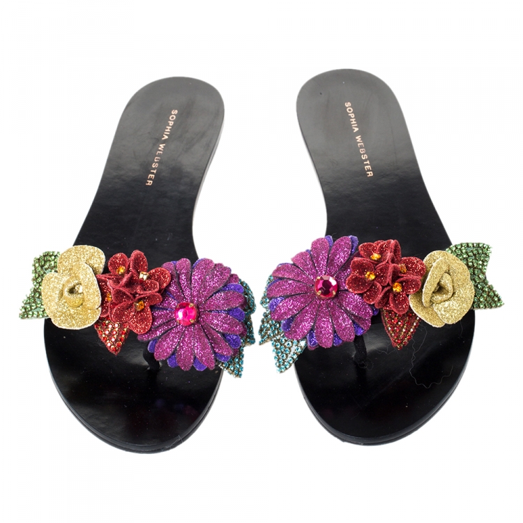 Pre Owned Sophia Webster Black Suede Glitter And Crystal Floral Embellished Lilico Flat Slides Size 38.5