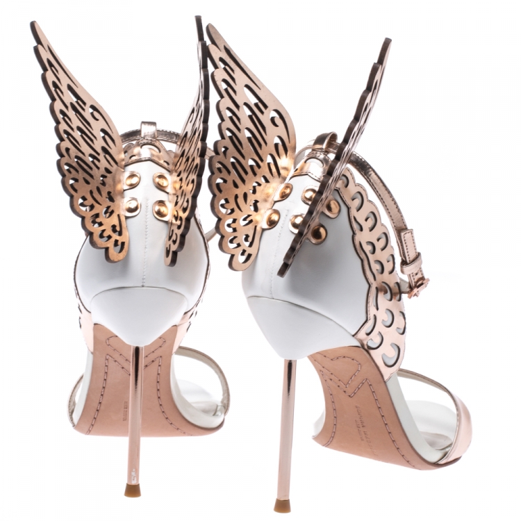 Pre Owned Sophia Webster Metallic Bronze And White Leather Evangeline Wing Ankle Strap Sandals Size 38.5