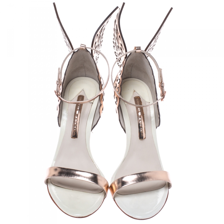 Pre Owned Sophia Webster Metallic Bronze And White Leather Evangeline Wing Ankle Strap Sandals Size 38.5