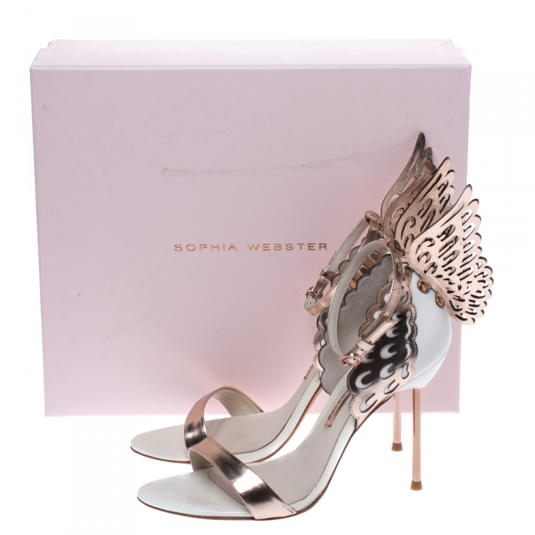 Pre Owned Sophia Webster Metallic Bronze And White Leather Evangeline Wing Ankle Strap Sandals Size 38.5