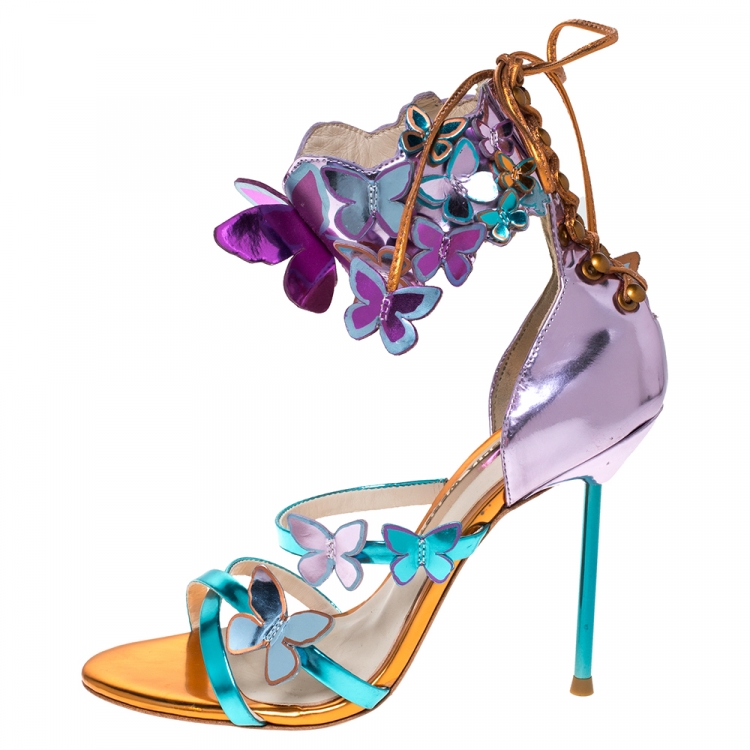 Pre Owned Sophia Webster Metallic Multicolor Leather Harmony Butterfly Ankle Cuff Sandals Size 35