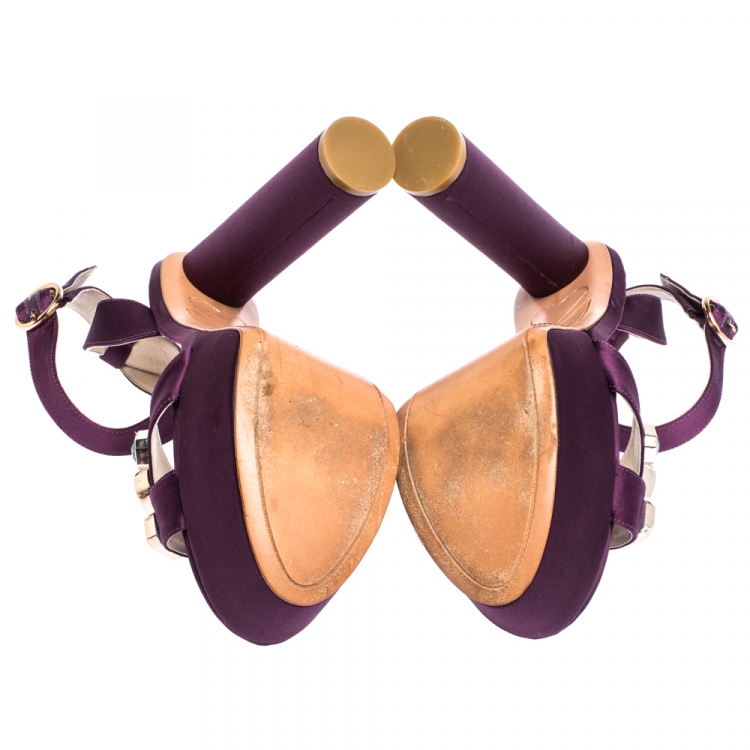 Pre Owned Sophia Webster Purple Satin Amanda Crystal Embellished Cross Strap Sandals Size 41