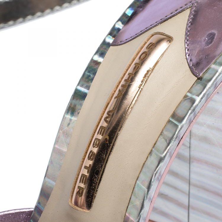 Pre Owned Sophia Webster Multicolor Metallic Leather And PVC Lana Crystal Embellished Block Heel Sandals Size 40