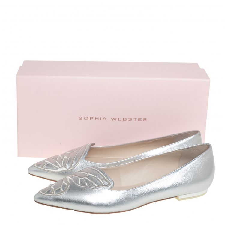 Pre Owned Sophia Webster Silver Leather Bibi Butterfly Ballet Flats Size 39.5