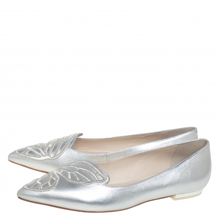 Pre Owned Sophia Webster Silver Leather Bibi Butterfly Ballet Flats Size 39.5